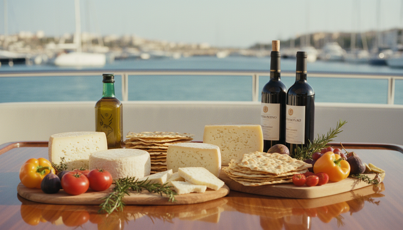 Traditionelle sardische Proviant-Tafel mit Pecorino, Pane Carasau und Öl auf Yachtdeck in Sardinien Pula, Meer im Hintergrund
