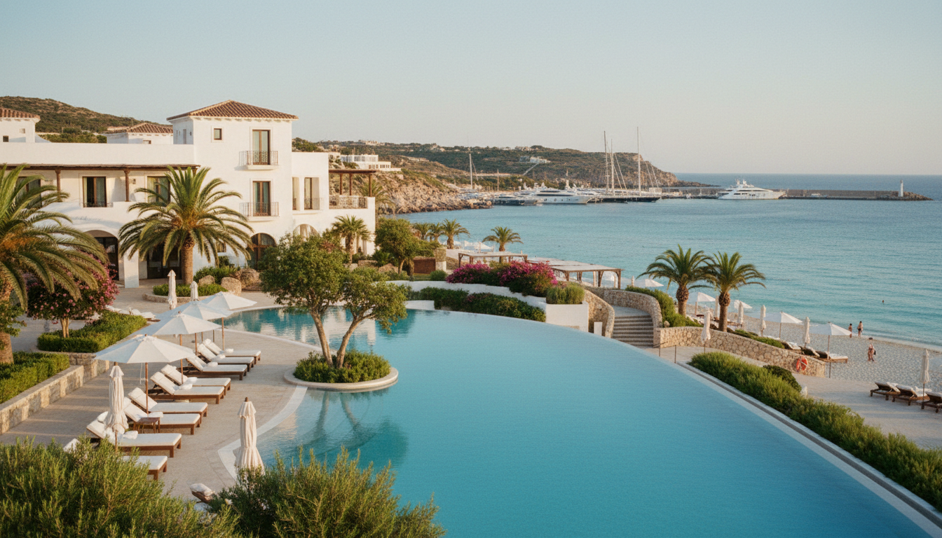 Sardinien Strandhotel mit weißer Architektur, Infinity-Pool, Sonnenliegen und Blick auf türkisfarbenes Meer und Yachtmarina