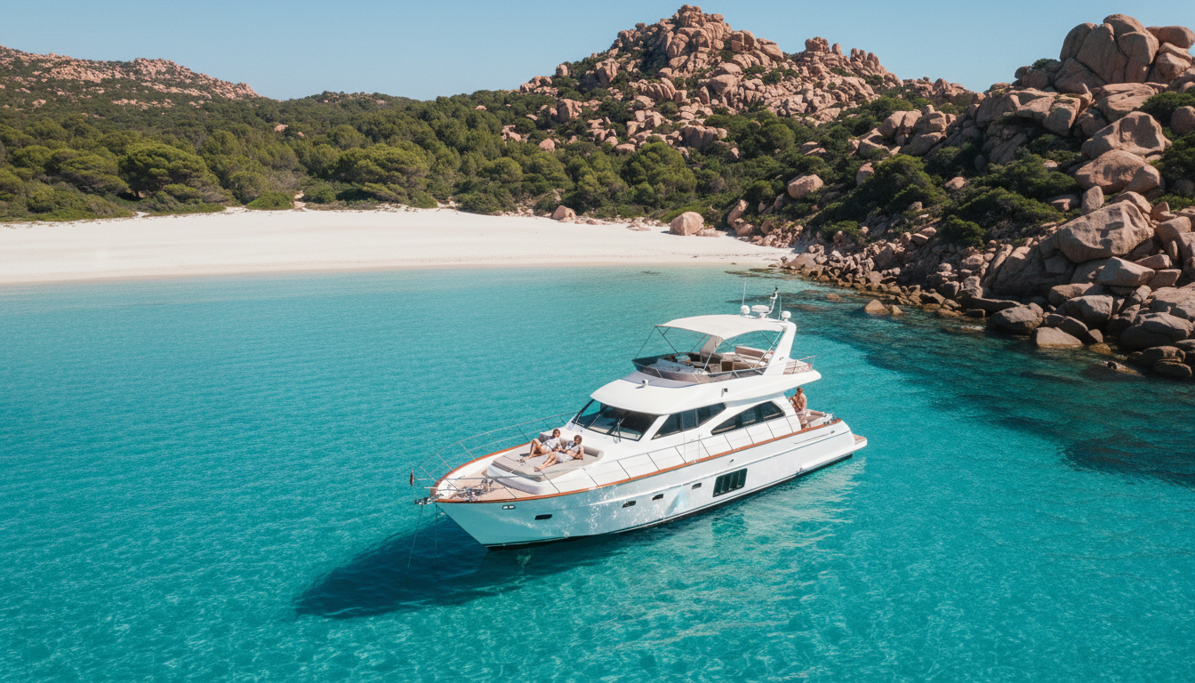 Luxusyacht in türkisfarbener Bucht vor Sardinien, weißer Sand, Granitfelsen und Paar an Deck – sardinien strandhotel Flair