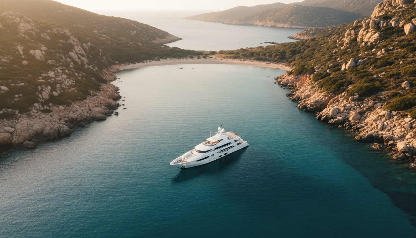 Sardinien Wetter Oktober: Yacht in ruhiger Bucht Drohnenfoto einer Luxusyacht in türkisener Bucht an Sardiniens Küste im goldenen Oktoberlicht — sardinien wetter oktober