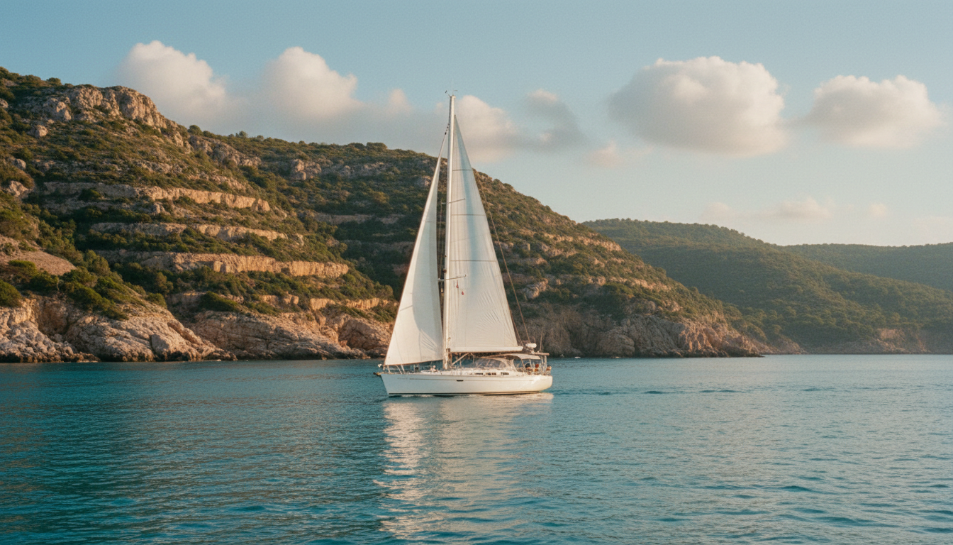 Sardinien Wetter Oktober Yacht an Kueste Sardinien Wetter Oktober: Yacht segelt an türkisfarbener Küste, sonnig mit leichtem Wind.