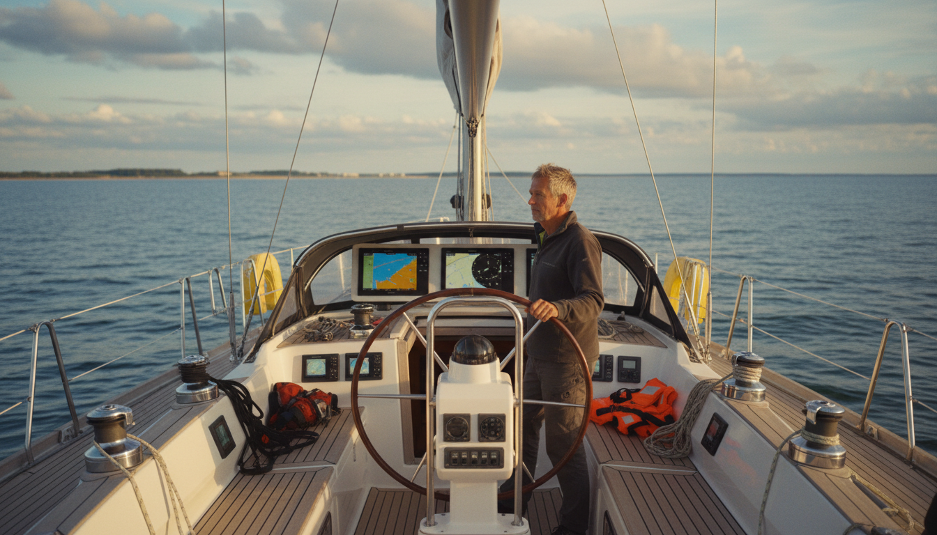 Skipper am Steuer, leuchtturm dahmeshöved am Horizont Deckperspektive mit Skipper am Steuer, modernes Cockpit und leuchtturm dahmeshöved am Ostsee-Horizont