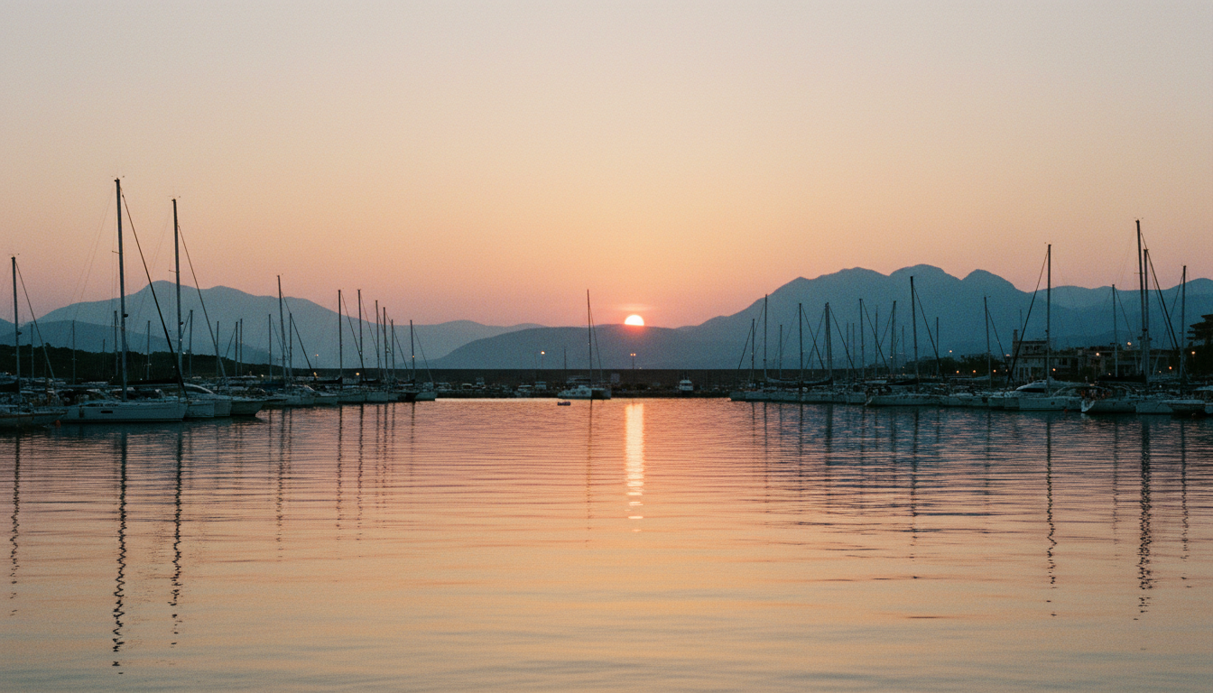 Sonnenuntergang S. Maria Navarrese Marina Sonnenuntergang über der Marina von S. Maria Navarrese: Segelmasten als Silhouetten, ruhiges Meer und Berge im Abendlicht.