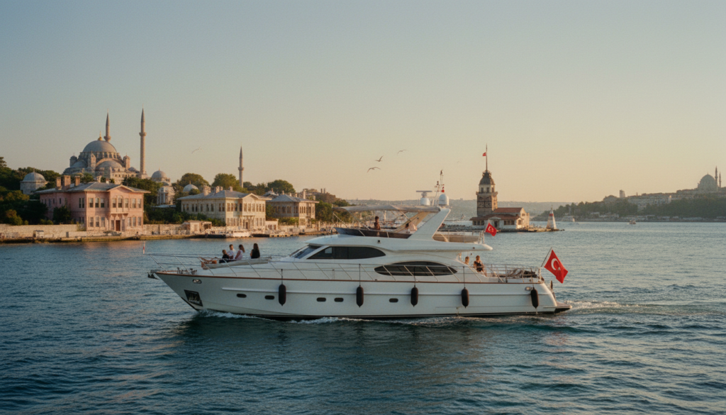 Luxusyacht bei einer Bootstour Istanbul asiatische Seite, Bosporusufer mit Wasservillen, Leanderturm und goldener Abendsonne.