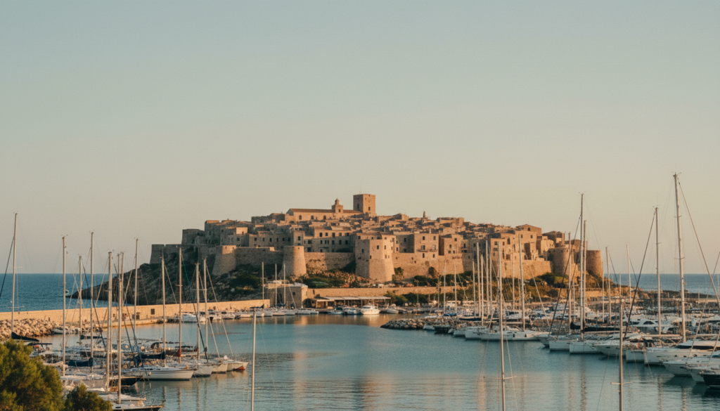 Blick auf Castelsardo Sassari: mittelalterliche Festung über Marina mit Segelbooten im Goldenen Licht