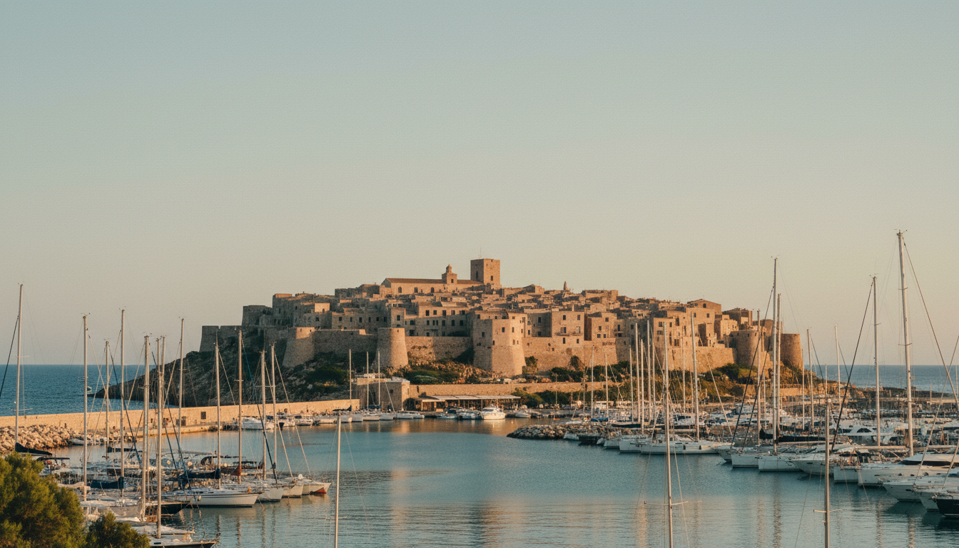 Blick auf Castelsardo Sassari: mittelalterliche Festung über Marina mit Segelbooten im Goldenen Licht