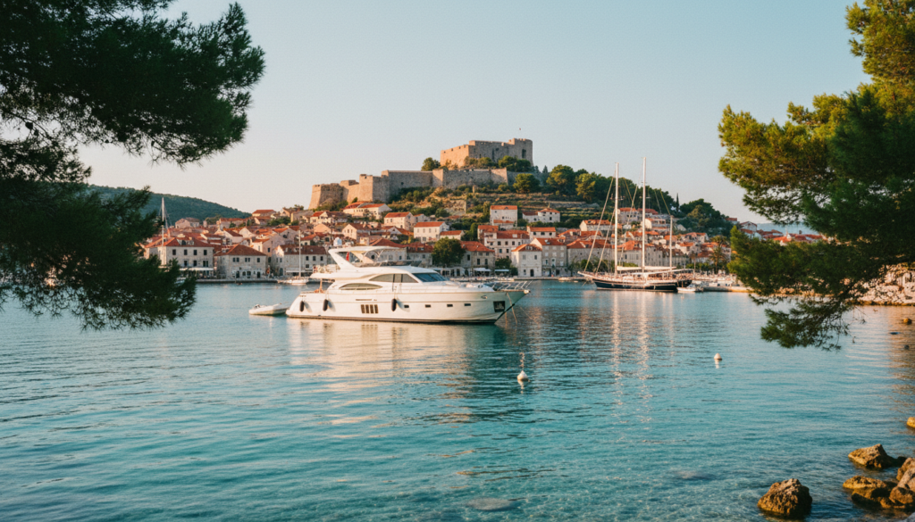 Luxusyacht ankert unter der Hvar Festung über der türkisblauen Adria; rote Dächer, Lavendel und goldenes Abendlicht.