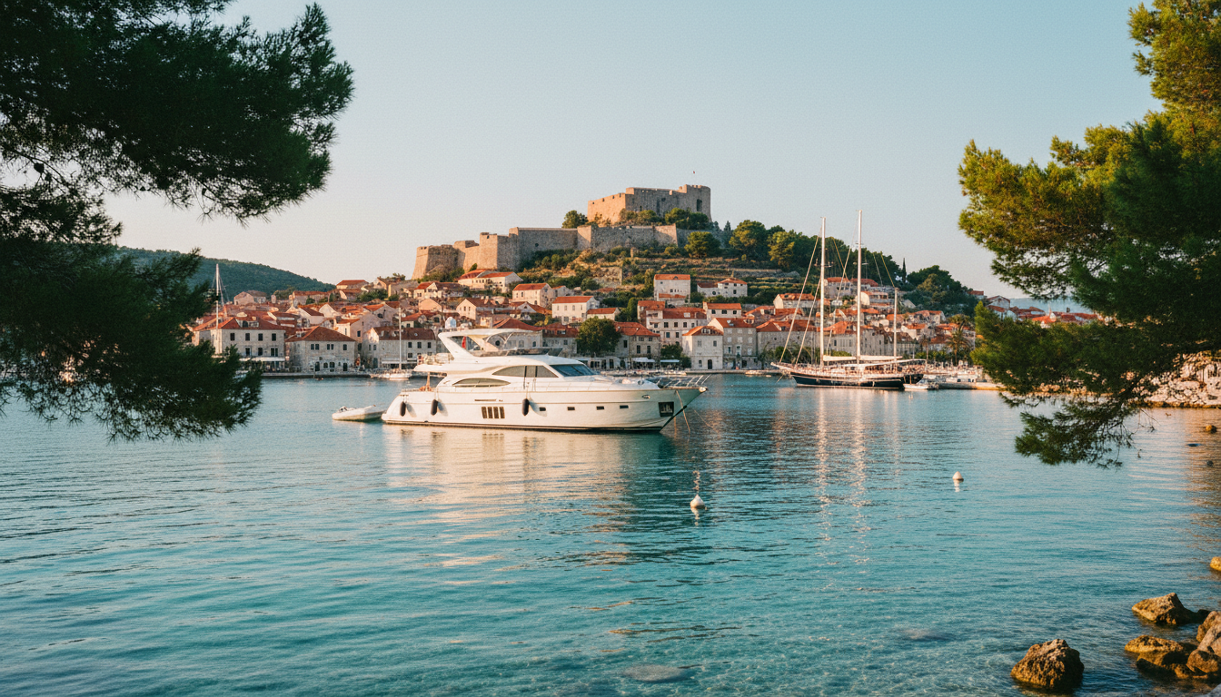Luxusyacht ankert unter der Hvar Festung über der türkisblauen Adria; rote Dächer, Lavendel und goldenes Abendlicht.