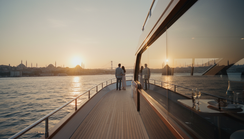 Istanbul Bootstour für Paare: Liebespaar auf privater Luxusyacht mit Champagner, Bosporus und Brücke im Sonnenuntergang