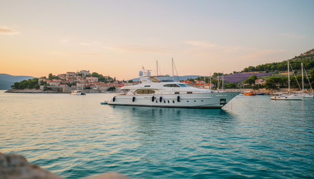 Luxusyacht in türkisblauem Meer vor kroatien insel hvar, Lavendel und historischer Hafen