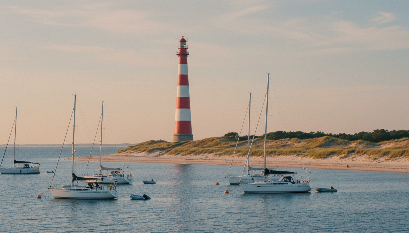 Leuchtturm Dahmeshöved mit rot-weißen Streifen, Segelyachten in ruhiger Ostsee, Dünen und goldenes Abendlicht.