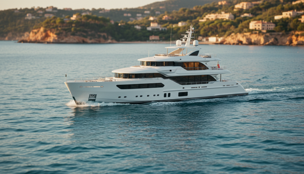 Luxusyacht gleitet bei Goldstunde über azurblaues Meer, weiße Rumpflinien und warmes Portra-400 Filmkorn