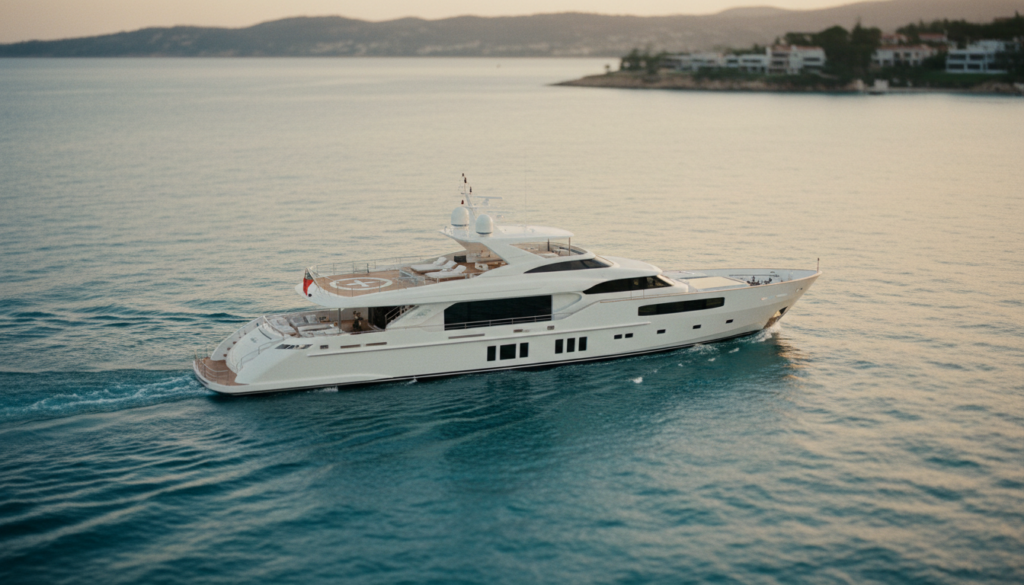 Weiße Luxusyacht segelt im goldenen Licht über ruhigem türkisblauem Meer, Deckdetails sichtbar.