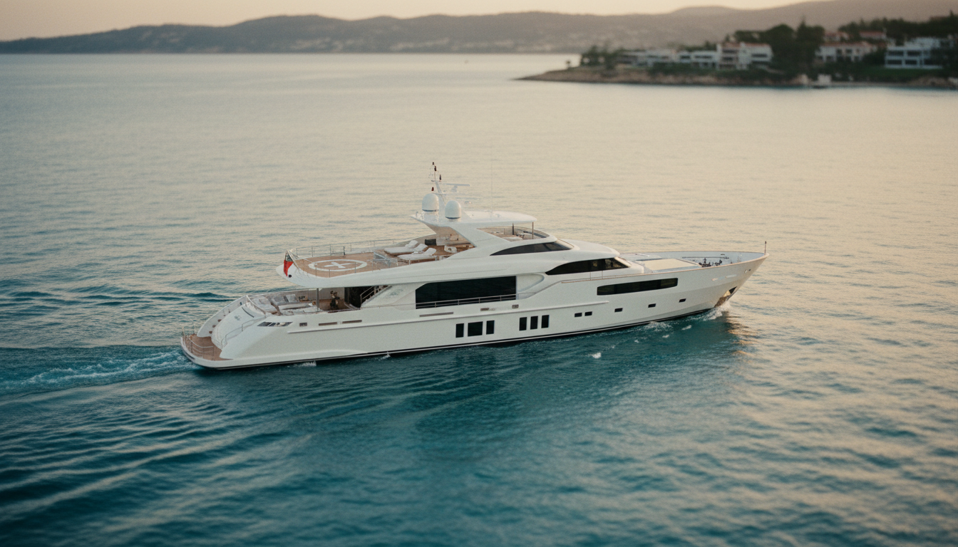 Weiße Luxusyacht segelt im goldenen Licht über ruhigem türkisblauem Meer, Deckdetails sichtbar.