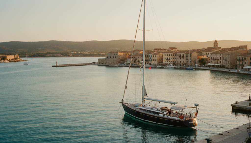 Luxusyacht vor Oristano Hafen im goldenen Abendlicht, türkises Wasser, warme Portra-Filmfarben und mediterrane Stimmung.