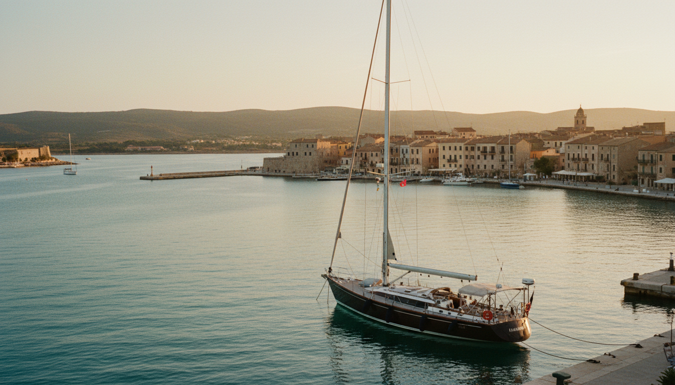 Luxusyacht vor Oristano Hafen im goldenen Abendlicht, türkises Wasser, warme Portra-Filmfarben und mediterrane Stimmung.