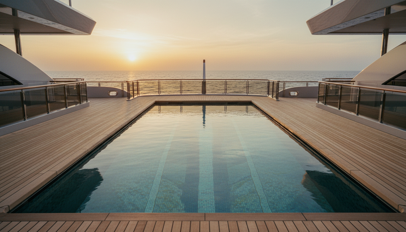 Luxuriöse Megayacht mit piscinas auf Deck, türkisfarbener Pool, Mosaikfliesen, Teakholz und Meerblick