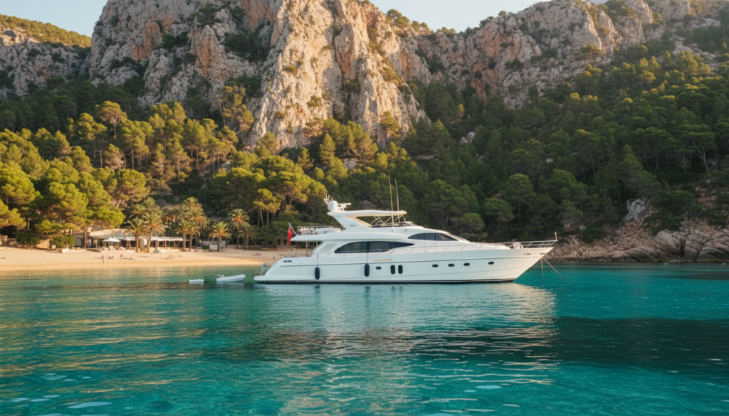 Luxusyacht ankert in kristallklarem Wasser an der Playa de Formentor, goldene Sandbucht und Pinienklippen