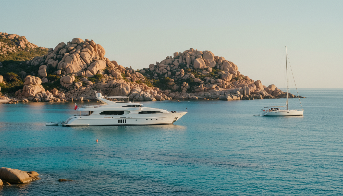 Weisse Luxusyacht ankert in kristallklarem türkis vor Porto Cervo Arzachena, goldene Stunde, Sardinien.