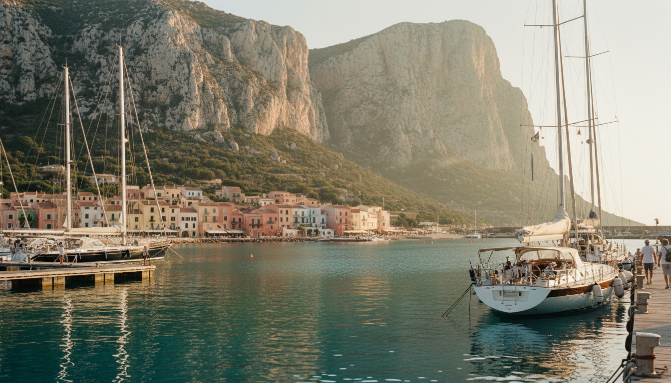 S. Maria Navarrese: Segelyachten am Holzsteg, türkisblaues Wasser, Kalkklippen und pastellfarbene Häuser im Abendlicht.