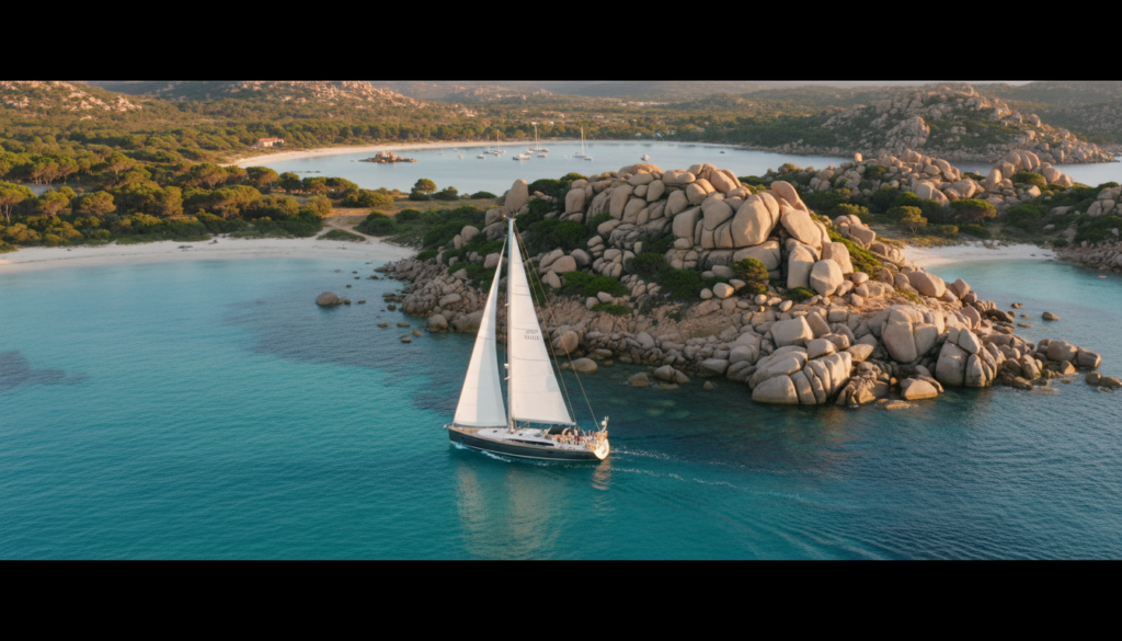 Luxusyacht segelt vor der Küste von santa gallura teresa mit türkisblauem Wasser, Granitfelsen und Sandstrand