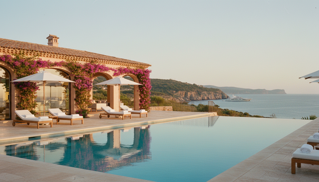 Sardinien Ferienhaus mit Pool: Infinity-Pool, Bougainvillea und Yacht vor tuer kisfarbener Bucht im Goldlicht.