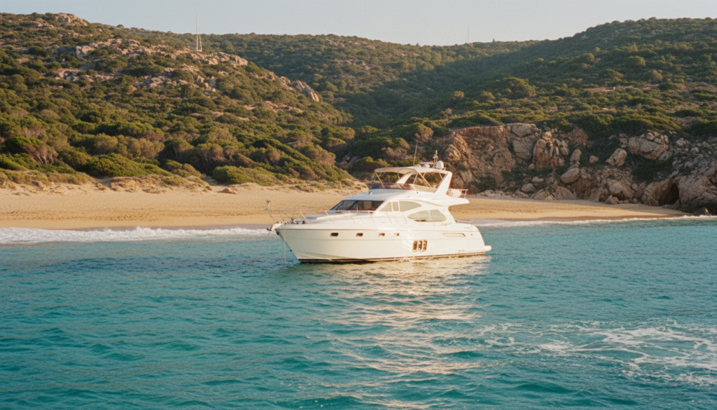 Weiße Luxusjacht vor türkisfarbener Bucht bei sardinien pula, goldener Sandstrand und felsige Küste