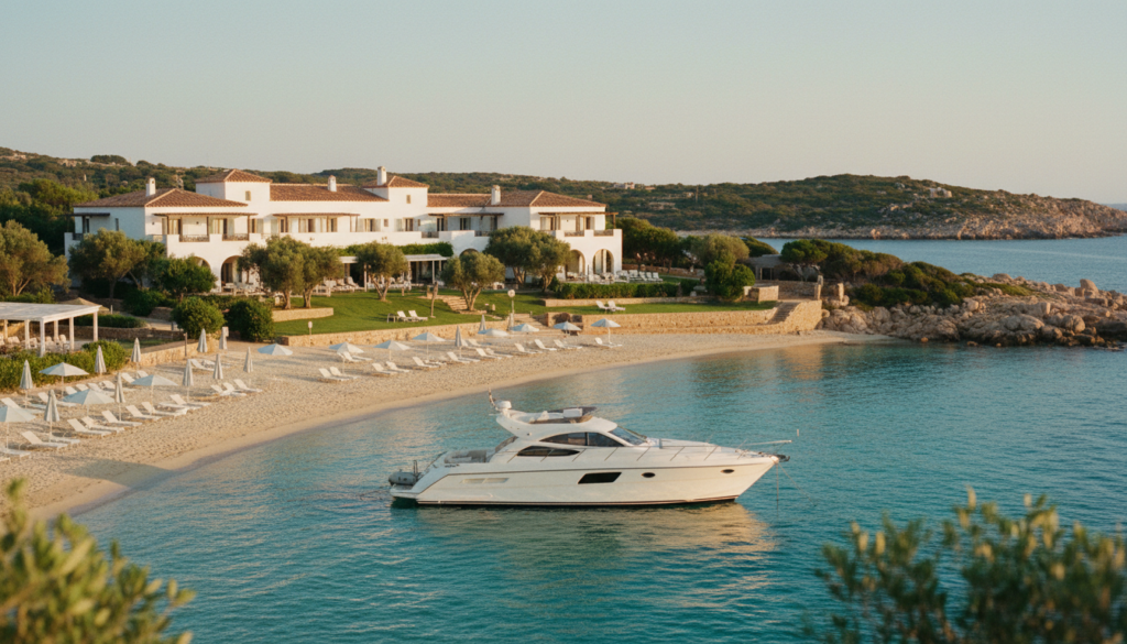 Sardinien Strandhotel an türkisfarbener Bucht, weiße Yacht im Vordergrund, goldene Stunde, feiner Sand