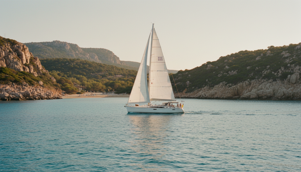 Elegante weiße Segelyacht vor Sardiniens Klippen und Buchten – sardinien wetter oktober, türkisblaues Meer und goldenes Licht