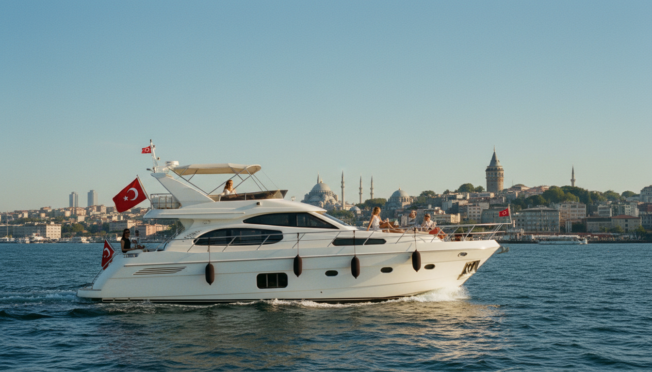 Weiße Luxusyacht auf dem Bosporus mit Istanbuls Skyline und Galata Tower, Yacht mieten Istanbul ohne Führerschein.