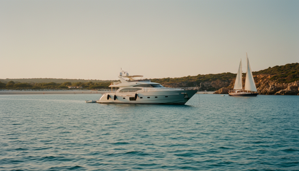 Luxusyacht ankert in türkisfarbenem Wasser vor Villasimius, Sardinien – weißer Strand, Felsküste und warmes Abendlicht.