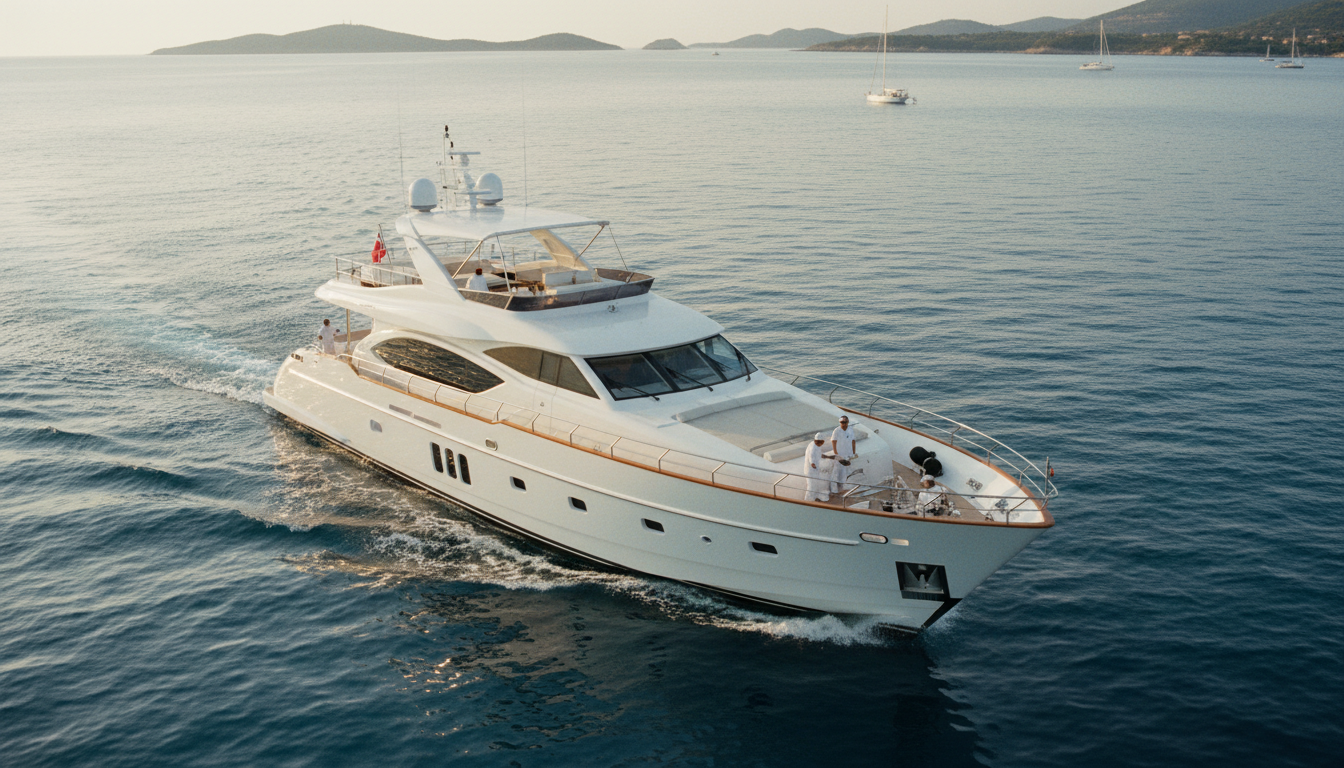 Yachtcharter Mittelmeer: Elegante weiße Luxusyacht fährt bei Goldstunde durch türkisblaues Wasser