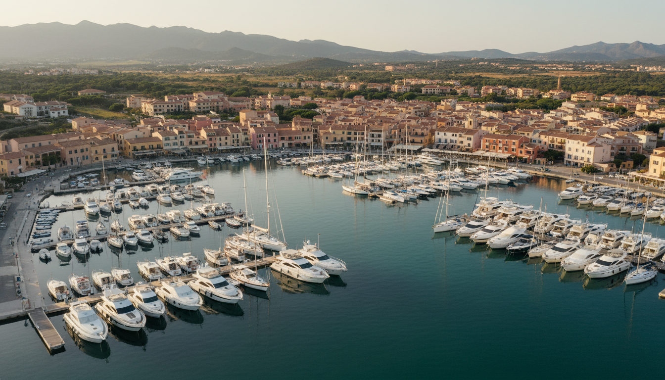 Villasimius Marina aus der Luft – Yachten im Hafen Luftaufnahme der Marina von Villasimius: weiße Yachten in geschütztem Hafen vor bunten Häusern bei Abendlicht