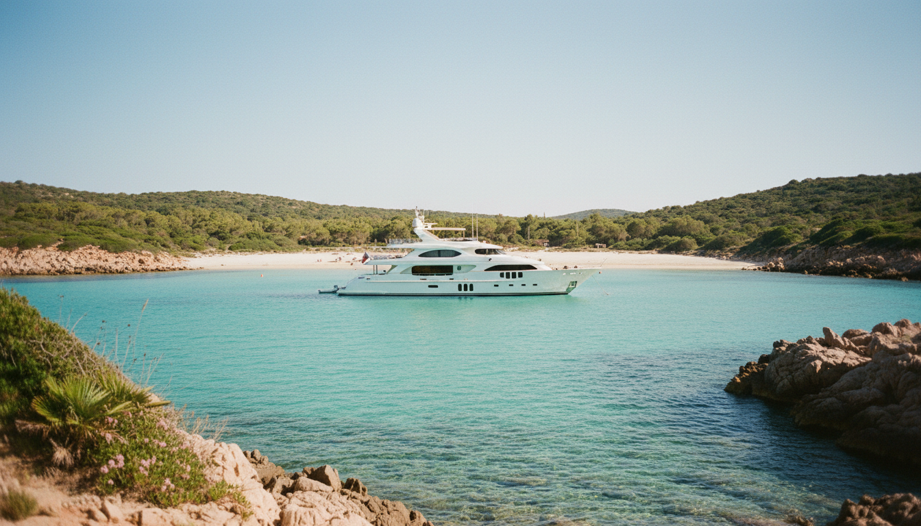 Villasimius Yacht vor tuerkisblauem Meer Professionelle Yacht ankert in tuerkisklarem Wasser nahe felsiger Kuste von villasimius, weisser Sandstrand im Hintergrund