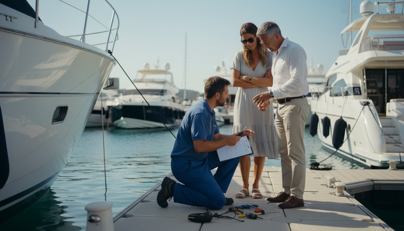 Yacht Kaufinspektion vom Sachverstaendigen. Yacht Kaufinspektion im Hafen: Sachverständiger prüft Rumpf mit Werkzeug, Makler zeigt Checkliste im hellen Mittelmeerlicht