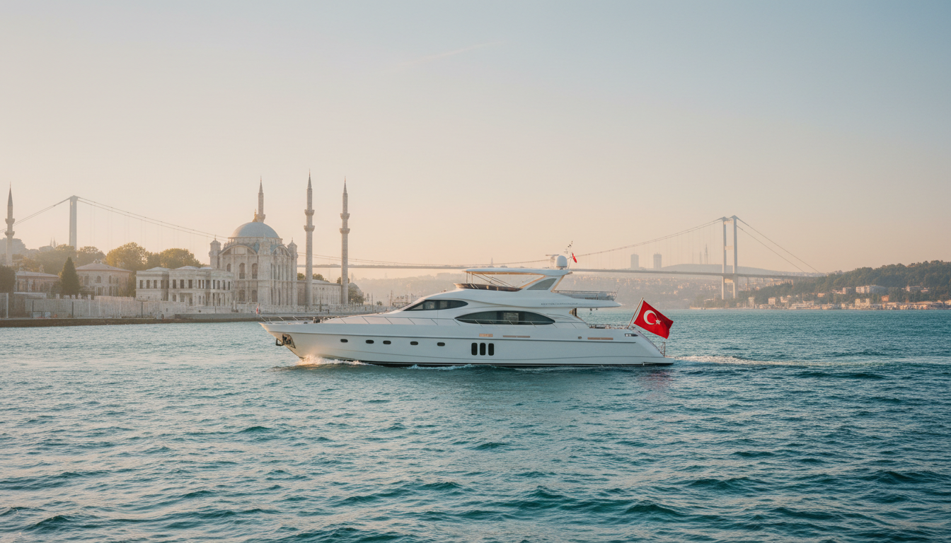 Yacht mieten Istanbul ohne Führerschein – Bosporus Yacht mieten Istanbul ohne Führerschein – Luxusyacht auf dem Bosporus bei goldener Stunde, Paläste und Brücken im Hintergrund