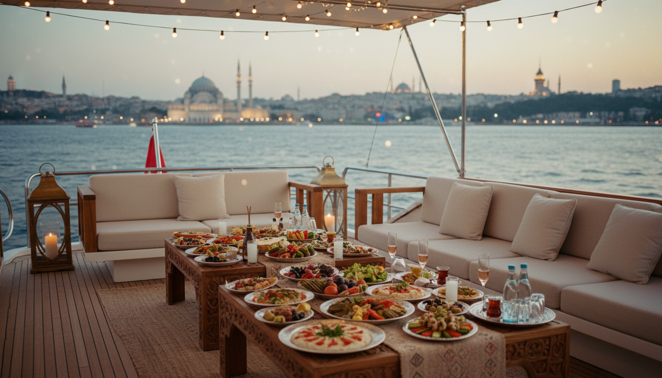 Yacht mieten Istanbul ohne Führerschein - Luxusdeck Abendliche Luxusyacht auf dem Bosporus mit Meze, Drinks und Skyline – Yacht mieten Istanbul ohne Führerschein