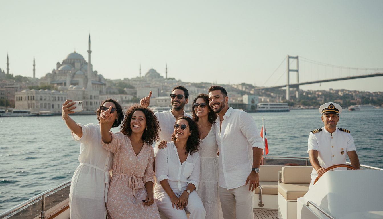 Yacht mieten Istanbul ohne Führerschein – Bosporus Fröhliche Touristen auf Yacht im Bosporus mit Moscheen im Hintergrund – Yacht mieten Istanbul ohne Führerschein