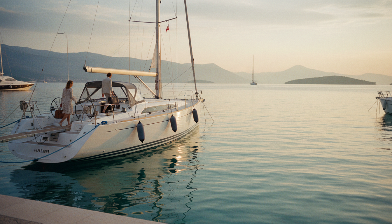 Yachtcharter Kroatien: Moderne Segelyacht am Holzsteg bei goldener Stunde, Passagiere steigen ein