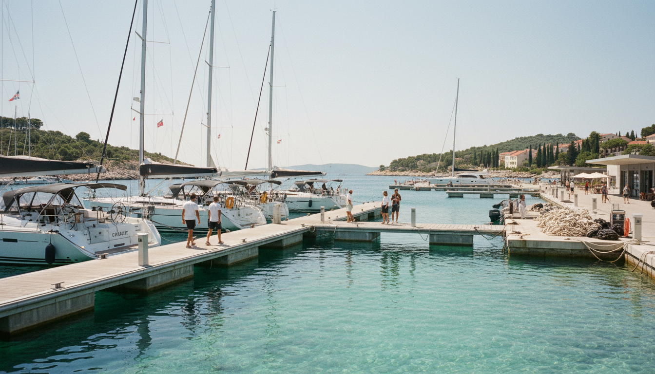 Yachtcharter Kroatien – Marina mit Segelyachten Yachtcharter Kroatien: Moderne Segelyachten und Katamarane am Holzsteg, türkisblaues Adriatisches Wasser