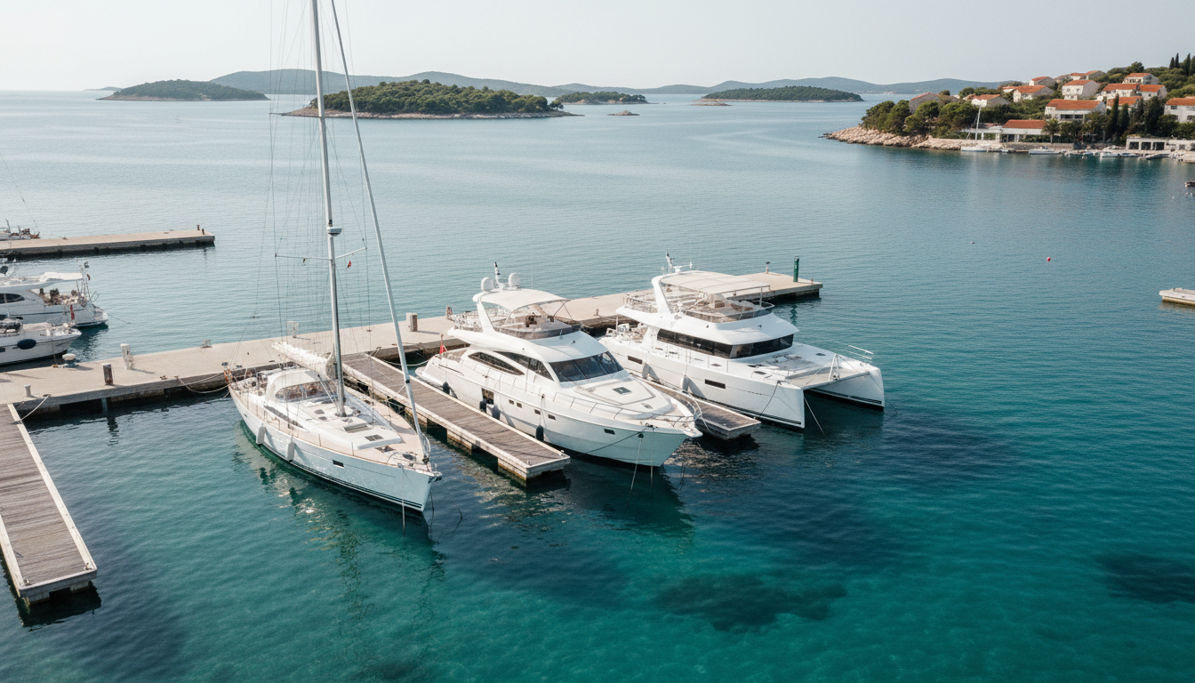 Yachttypen Vergleich: Luftaufnahme von Segelyacht, Motoryacht und Katamaran nebeneinander in moderner Marina