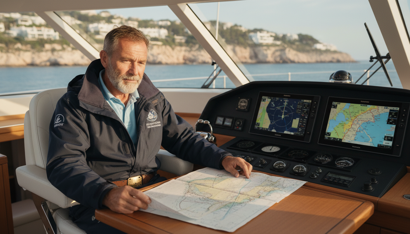Erfahrene Skipper führt Yachtwartung im modernen Cockpit, prüft Navigation und Seekarten, mediterrane Küste im Morgenlicht.