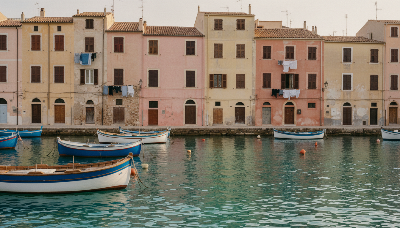 Architektur in Alghero: Bunte Fischerhäuser am Meer Pastellfarbene Fischerhäuser an Algheros Ufer, kleine Boote vorn — Architektur in Alghero im goldenen Nachmittagslicht.