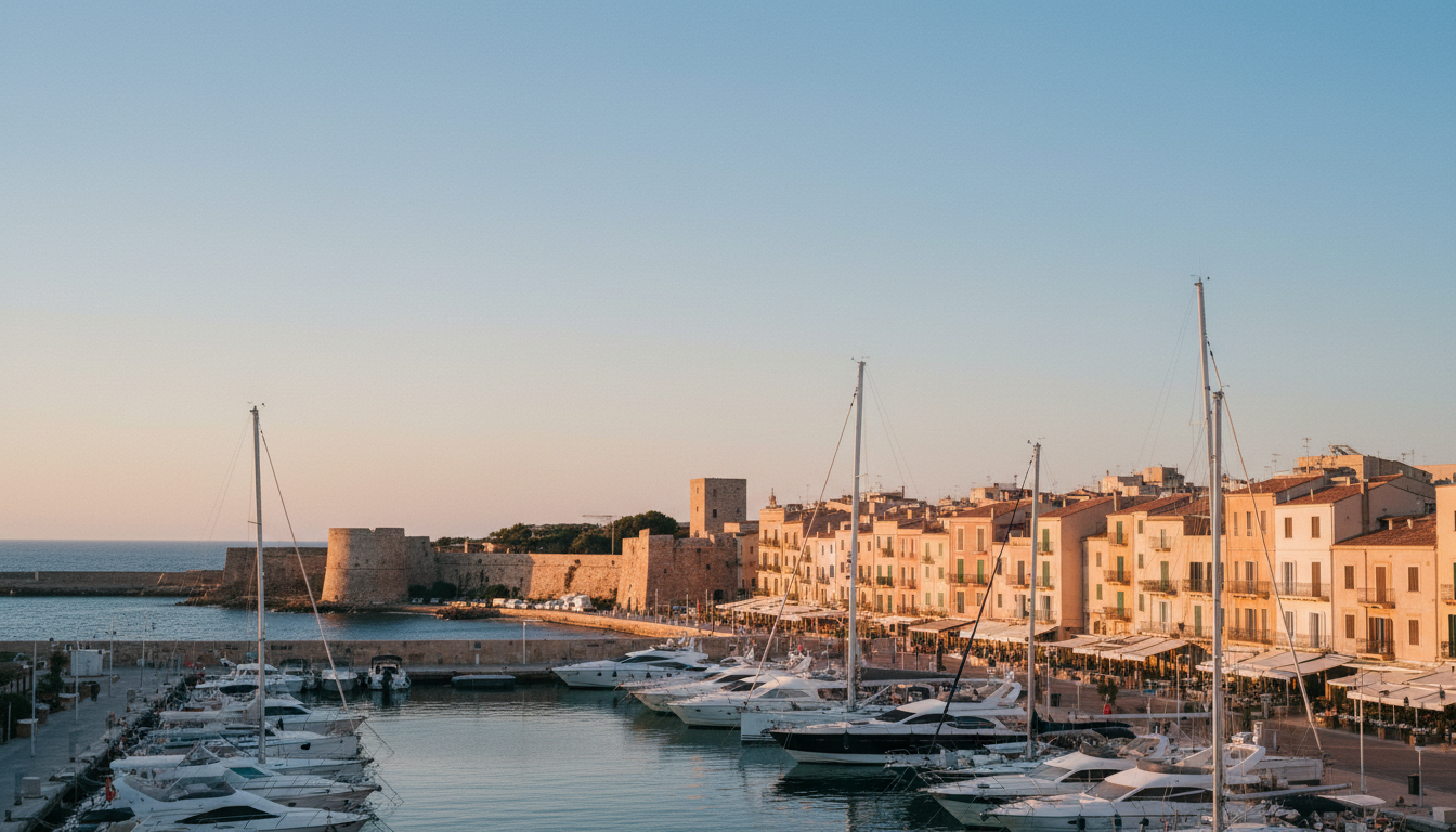 architektur in alghero: hafenfront bei goldenem licht Foto der architektur in alghero: bunte katalanische Häuser, mittelalterliche Türme und Yachten im Hafen bei goldenem Licht