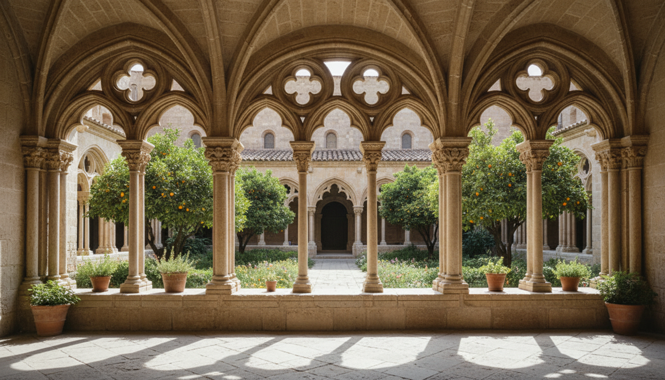 Architektur in Alghero – Kreuzgang Gotik Gotisch-katalanische Säulen und gewölbte Arkaden im Kreuzgang der Chiesa di San Francesco, architektur in alghero.