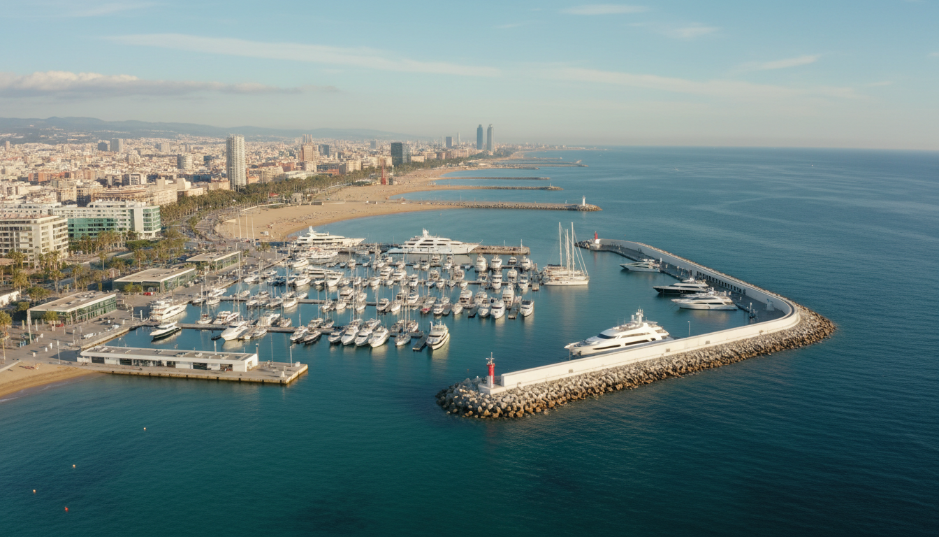 Drohnen-Luftaufnahme von Port Olímpic mit Luxusjachten und dem Barceloneta Strand am klaren, blauen Mittelmeer
