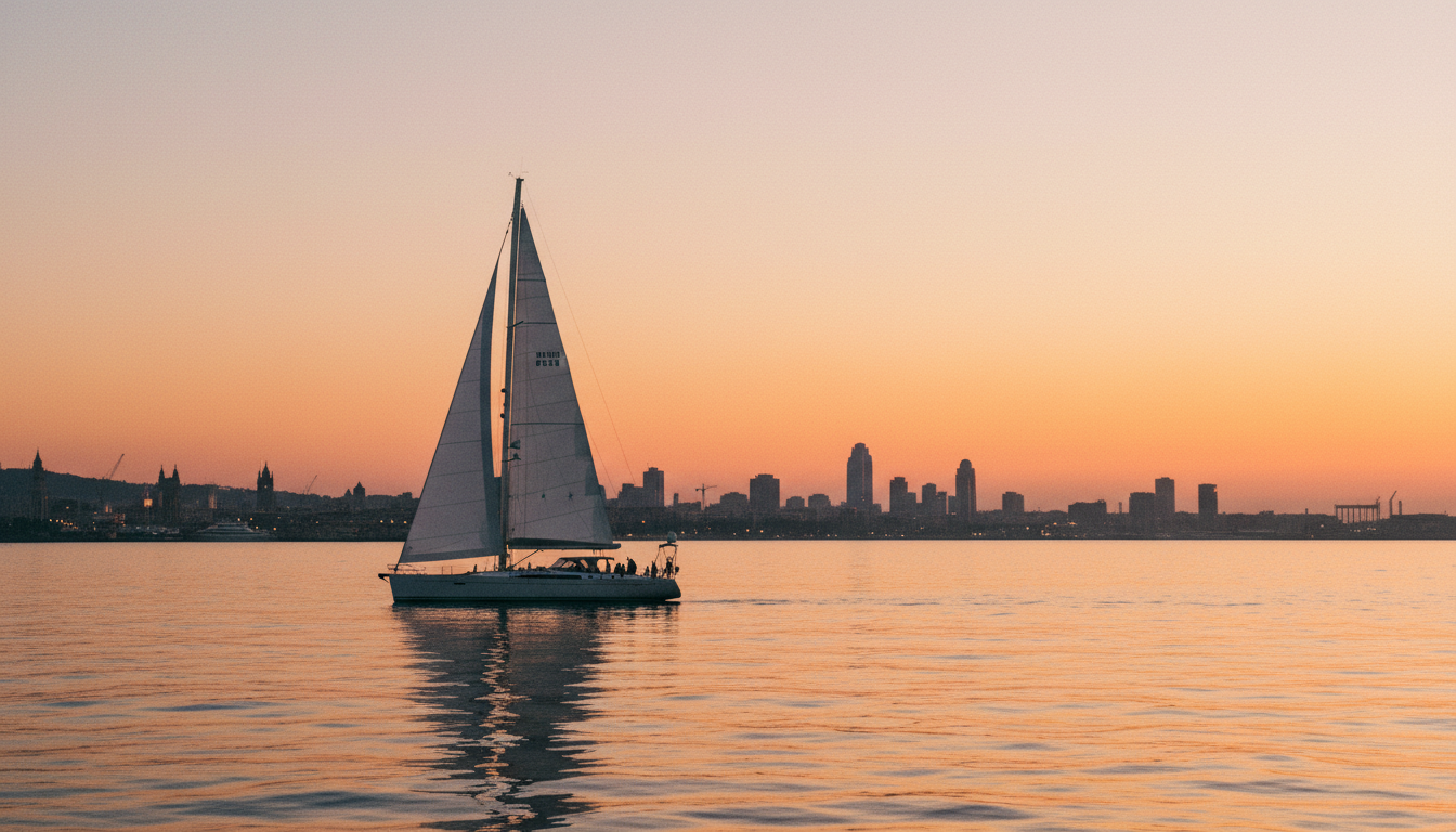 Barceloneta Strand bei Sonnenuntergang mit Luxusyacht im Vordergrund, goldenes Licht spiegelt sich im ruhigen Mittelmeer