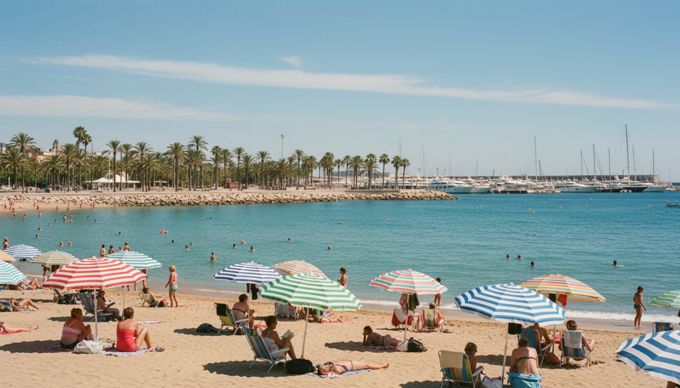 Barceloneta Strand mit bunten Sonnenschirmen, Badegästen, Palmen und Yachten im Port Olímpic bei blauem Mittelmeerhimmel.