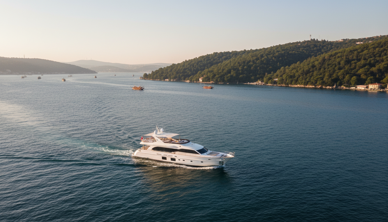 Beykoz Luxusyacht auf dem Bosporus Abend Drohnenaufnahme: Luxusyacht vor Beykoz im Bosporus, smaragdgrüne Hänge, blaues Wasser, Fischerboote im goldenen Licht