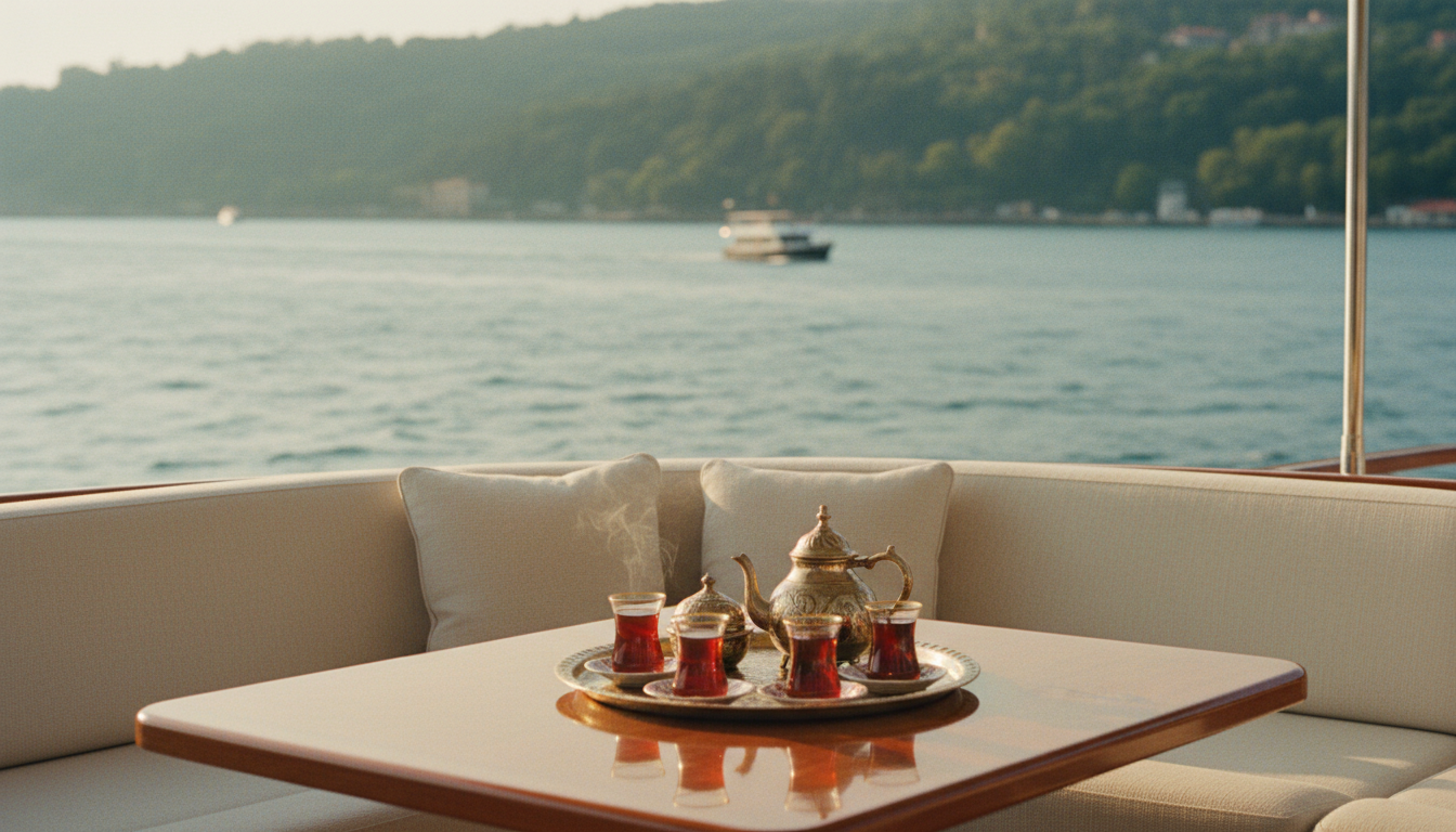 Beykoz Yachterlebnis: Luxusdeck mit Bosporusblick Luxus-Yachtdeck mit Teeservice auf Holztisch, Nachmittagssonne und Blick auf Beykoz-Hang am Bosporus